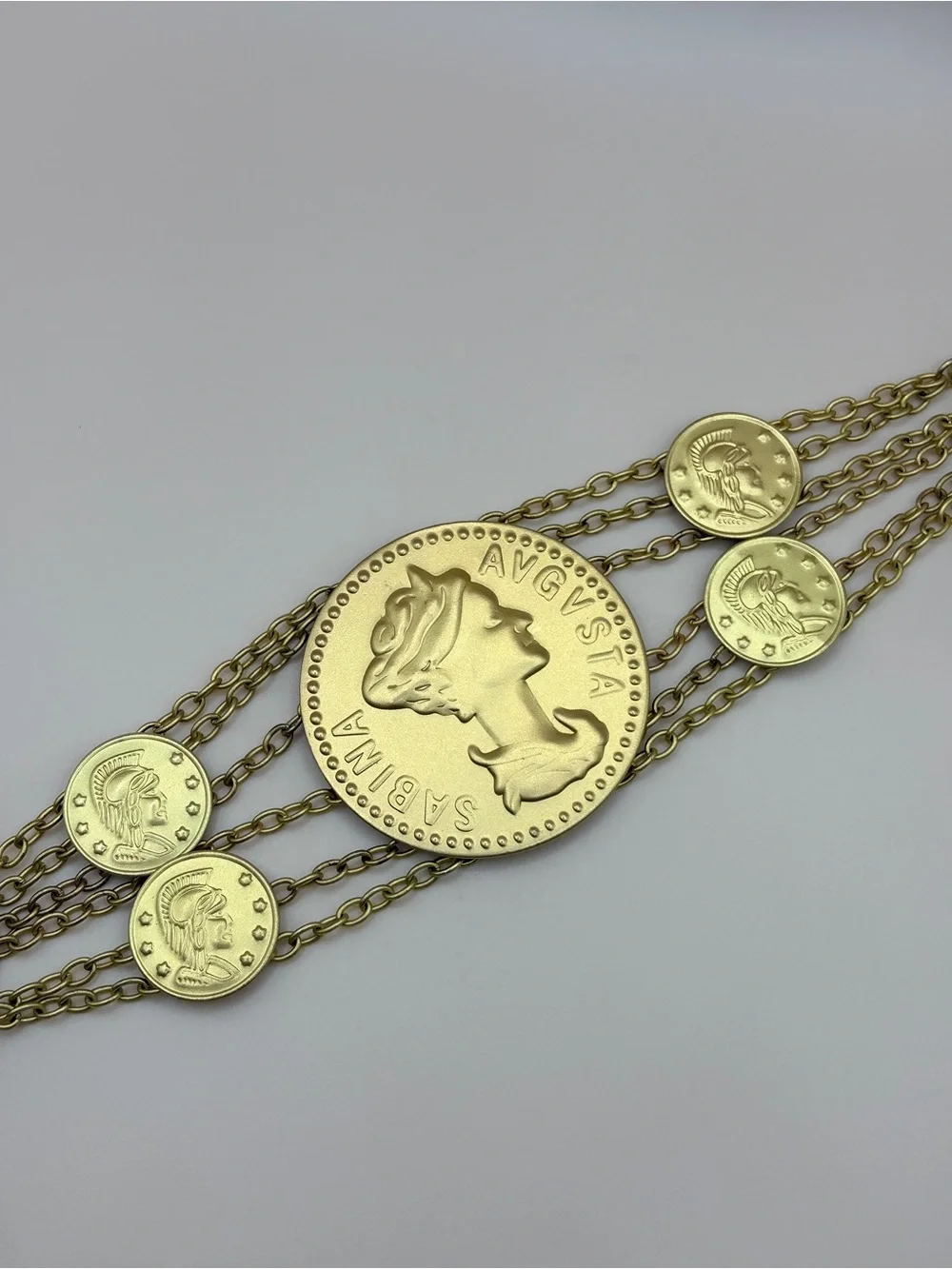 Bold Gold Tone Sabina Augusta Costume Coin Statement Bracelet